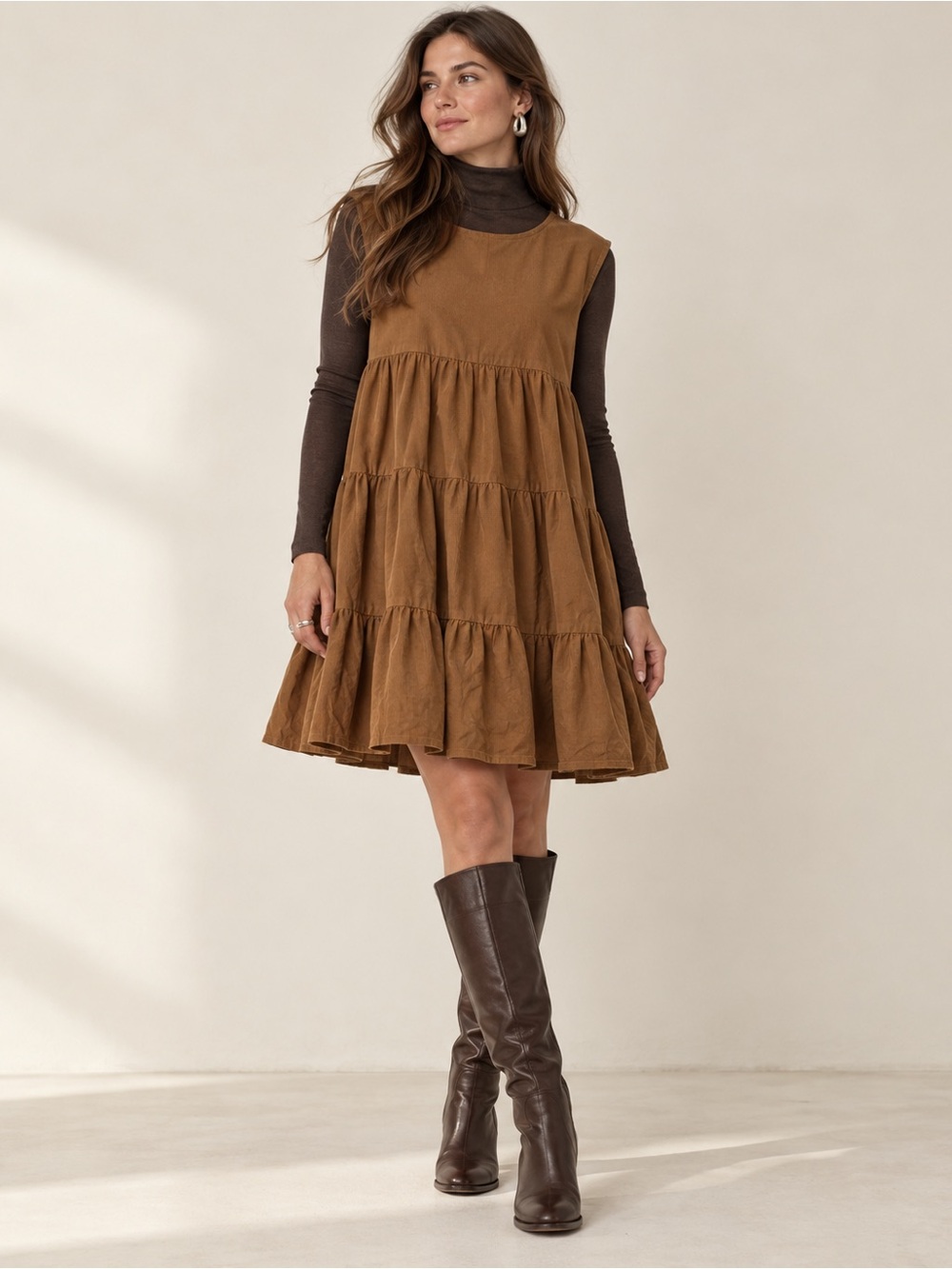Voloshin Luna Tiered Baby Corduroy Weekend Dress Camel XS/S  Fall Layering
